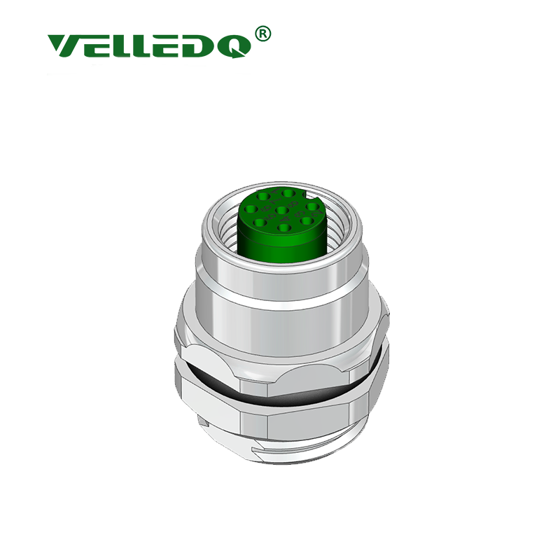 Velledq FLQ-M12-F08(M16)-HB M12 Panel Tip 8 Pinli Dişi Konnektör Arkadan Somunlu