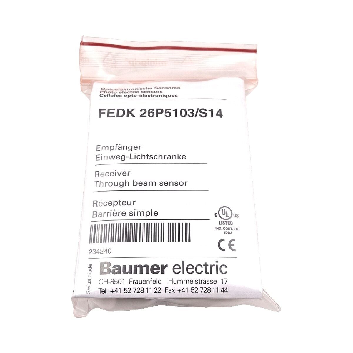 BAUMER FEDK 26P5103 S14 Karşılıklı Tip Optik Sensör Alıcı PNP