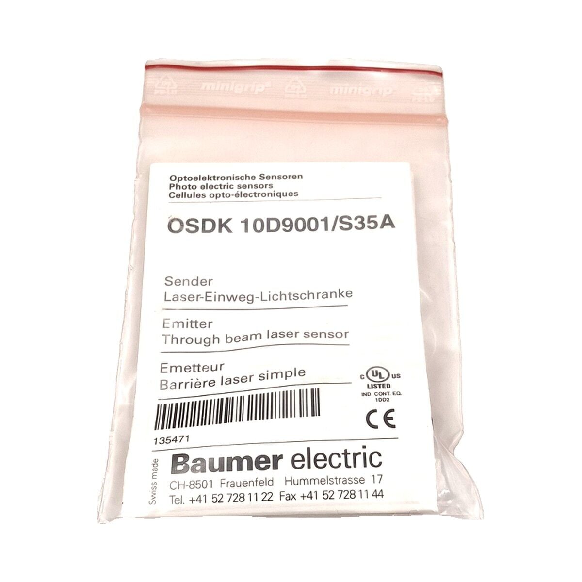 BAUMER OSDK 10D9001 S35A Karşılıklı Tip Lazer Sensör Verici